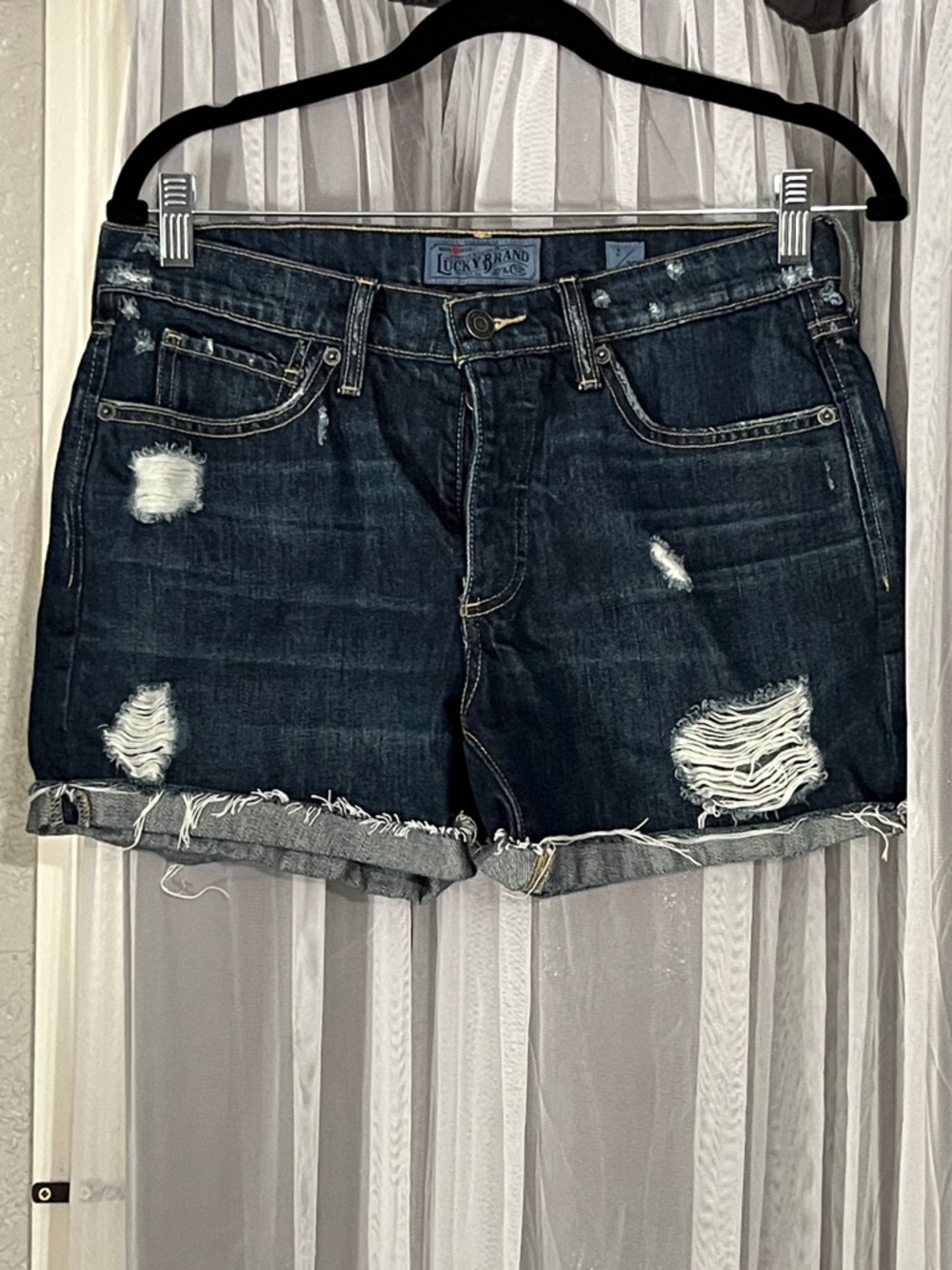 Lucky Brand Dark Indigo Distressed Denim Rolled-Hem Shorts